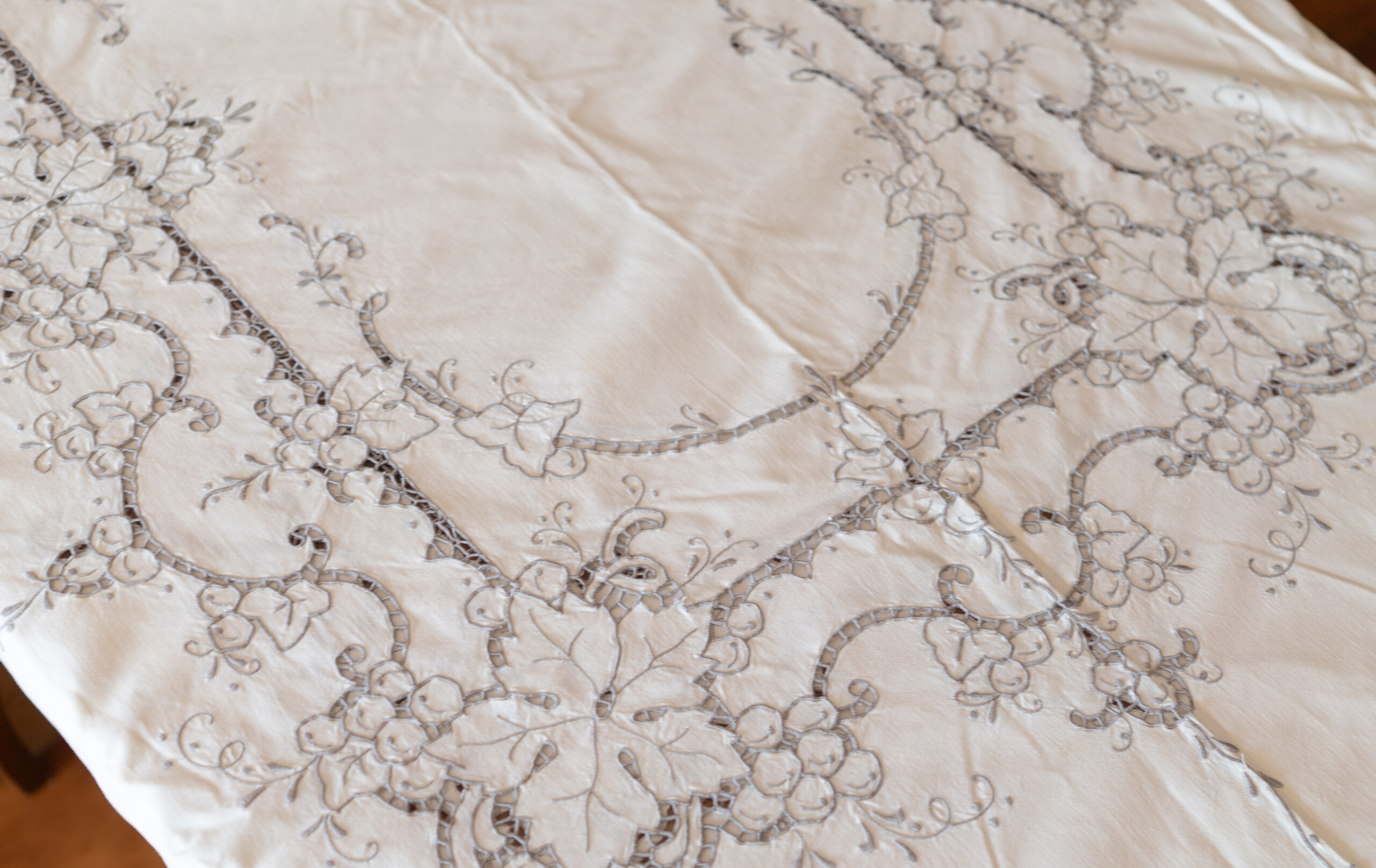Cutwork Tablecloth with Grape Motif, Italy 1980s